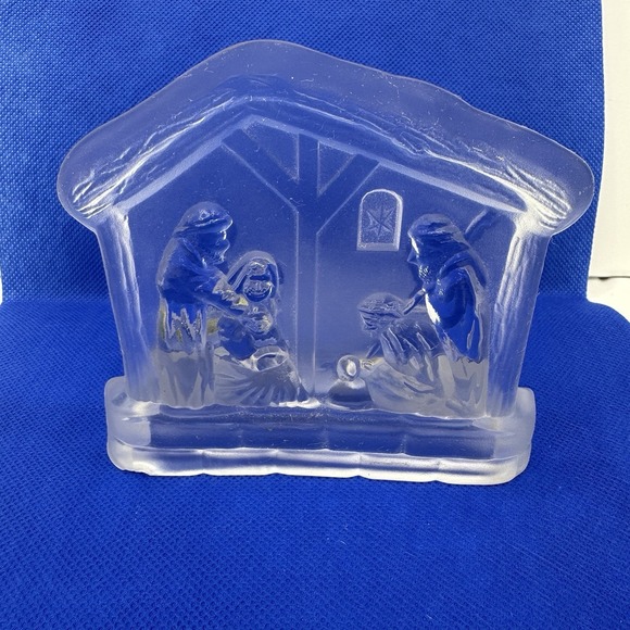 The Unbranded Brand Other - Vintage Frosted Glass Candle Holder Christmas Nativity Scene Manger 4" Tea Light